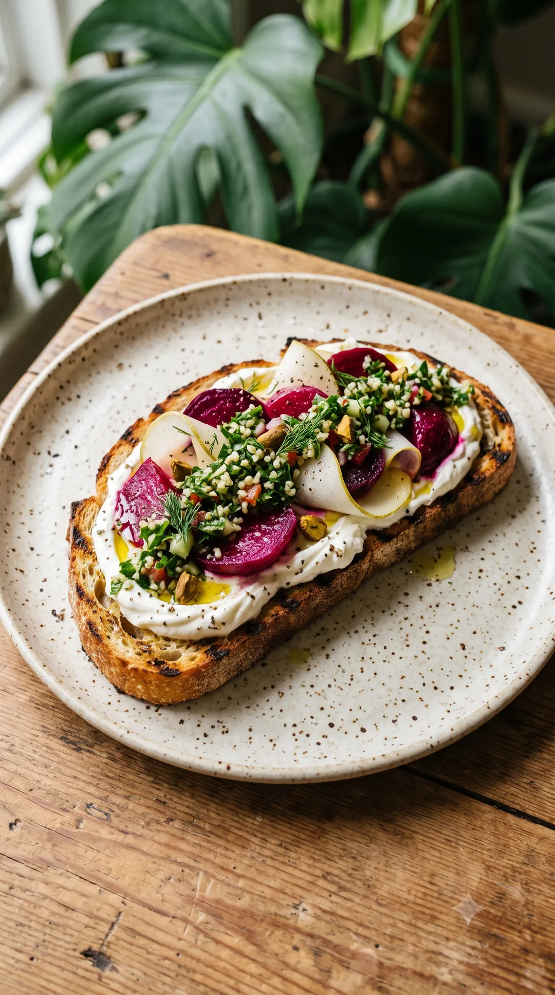 Grilled sourdough topped with labneh, roasted beetroot, pear ribbons and tabbouleh on a speckled plate