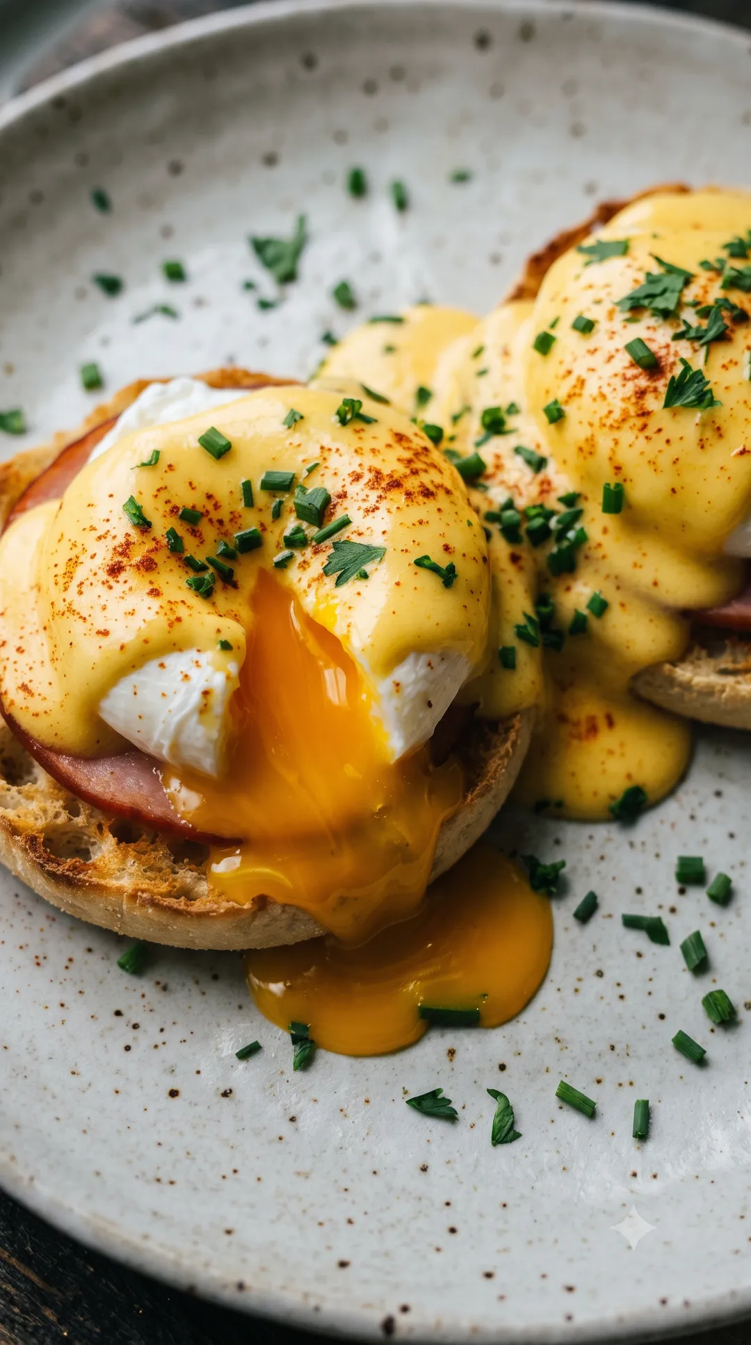 Classic eggs Benedict — poached eggs and hollandaise on toasted muffin halves, dusted with paprika