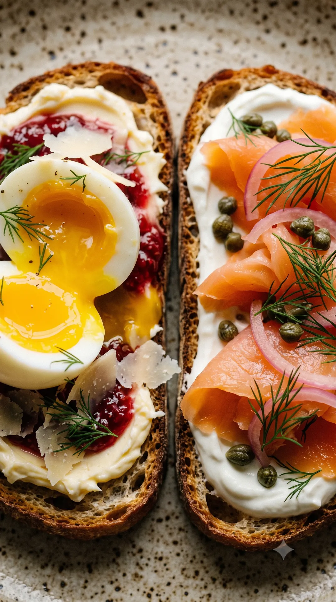 Two sourdough halves with smoked salmon, capers, pickled onion, a soft egg and shaved gruyère