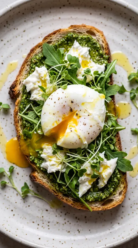 Sourdough with green pesto, torn burrata, arugula and a poached egg with a runny yolk