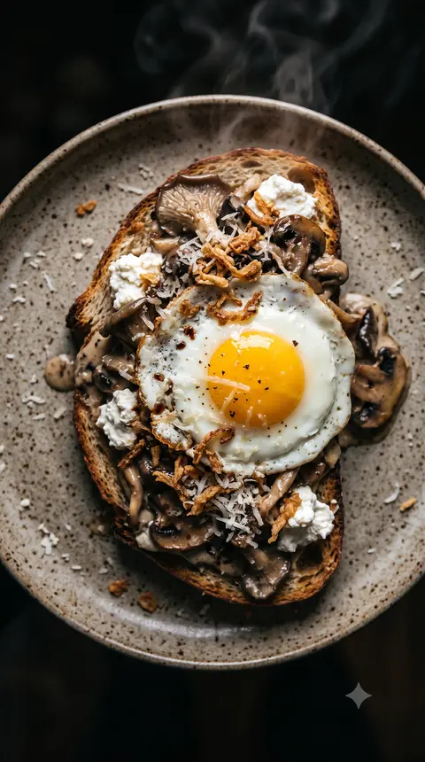 Sourdough piled with creamy mixed mushrooms, ricotta, crispy onions and a sunny-side-up egg