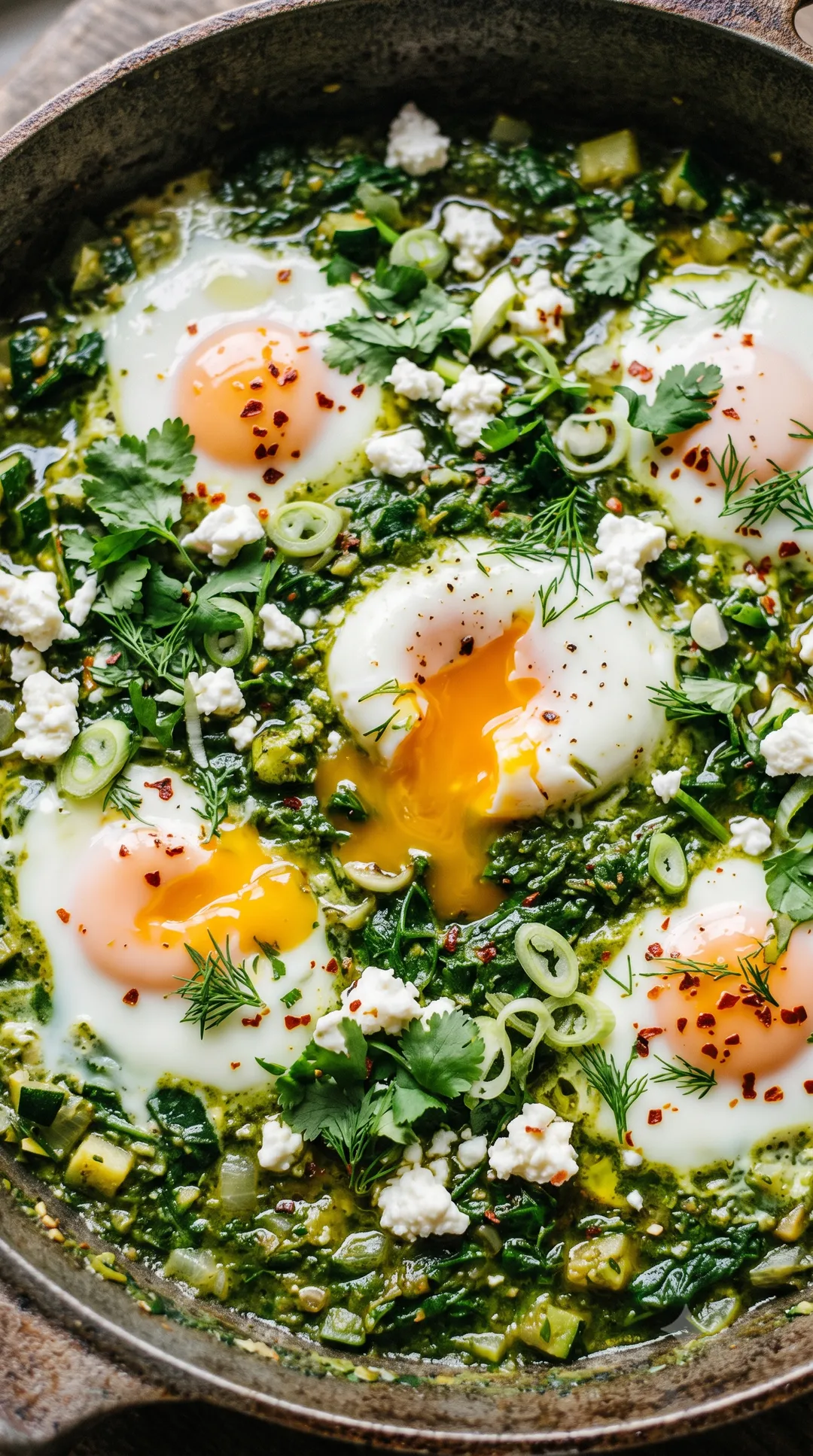 Green shakshuka in a pan — poached eggs in a spinach and zucchini sauce with crumbled tulum cheese