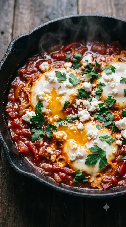 Classic shakshuka in a cast-iron pan — poached eggs in a red tomato and pepper sauce with ezine cheese