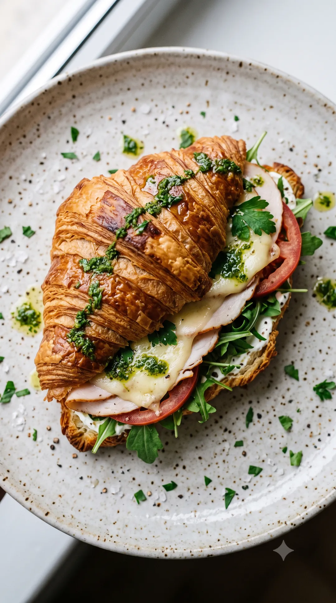 Flaky croissant sandwich with smoked turkey, melted kaşar cheese, labneh, tomato and greens