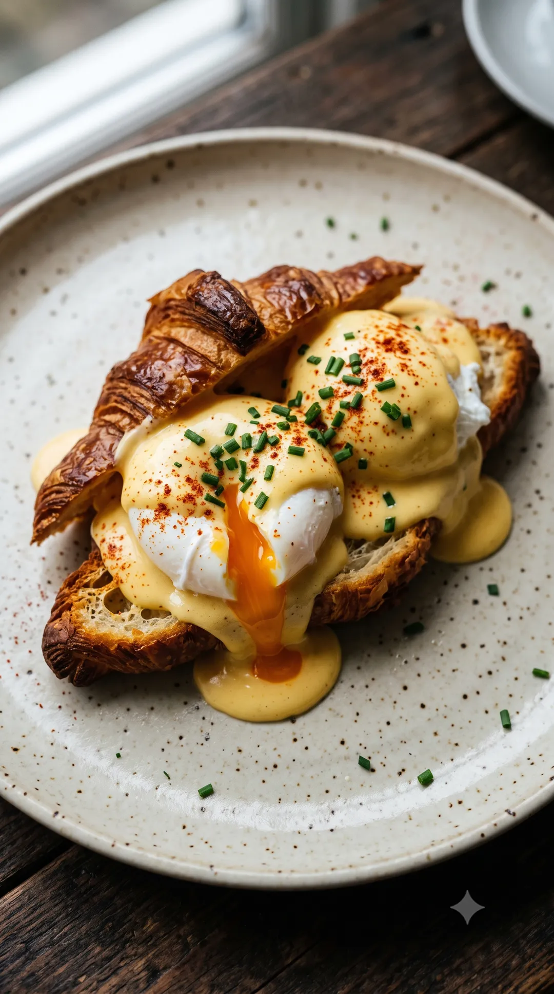 Split croissant topped with poached eggs and glossy hollandaise, a yolk running