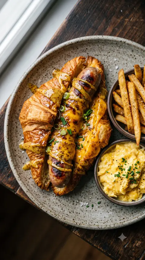 Torch-melted croissant with a sausage and molten cheddar, hot honey mustard, a side of fries
