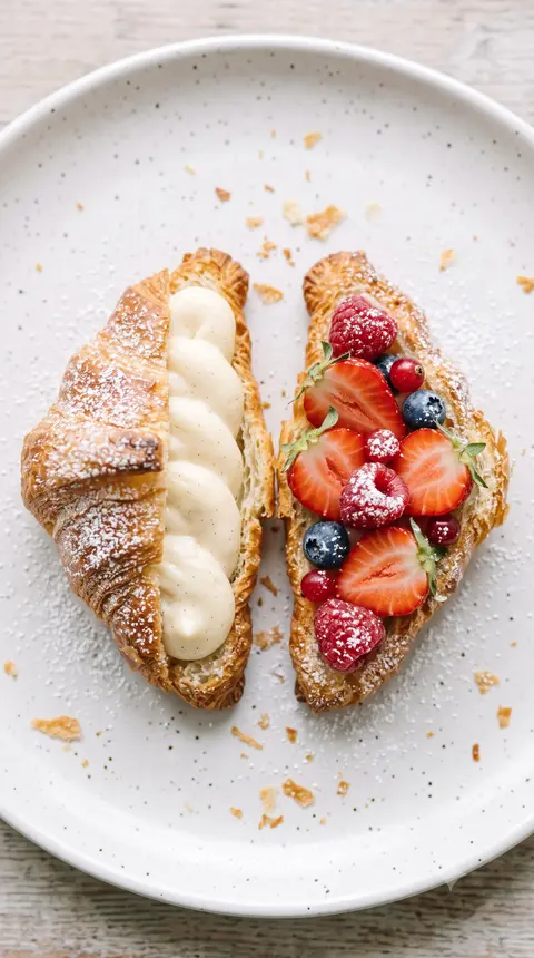 Sweet croissant split in two, one half pastry cream, the other fresh fruit, dusted with sugar