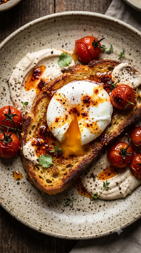 Savoury French toast with a poached egg, hot honey, roasted cherry tomatoes and whipped tahini-labneh