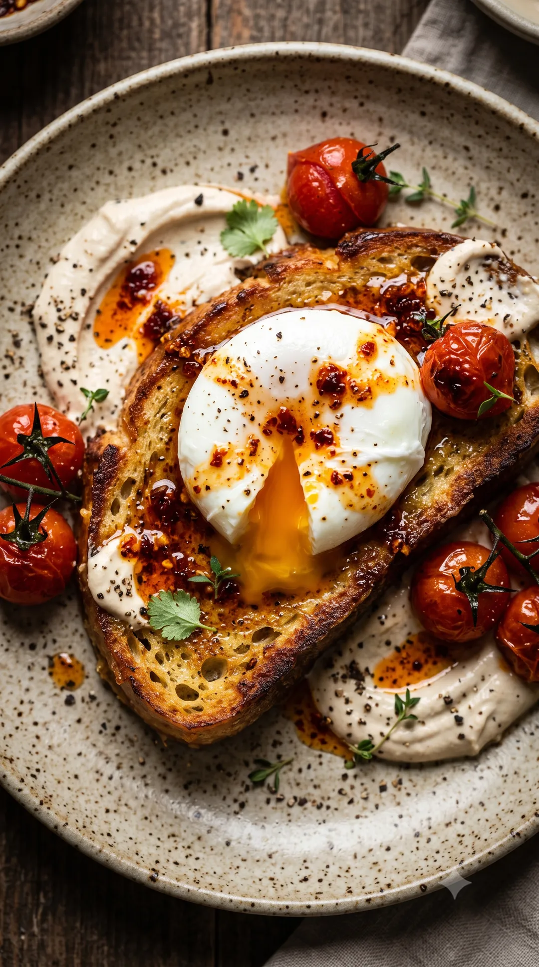 Savoury French toast with a poached egg, hot honey, roasted cherry tomatoes and whipped tahini-labneh