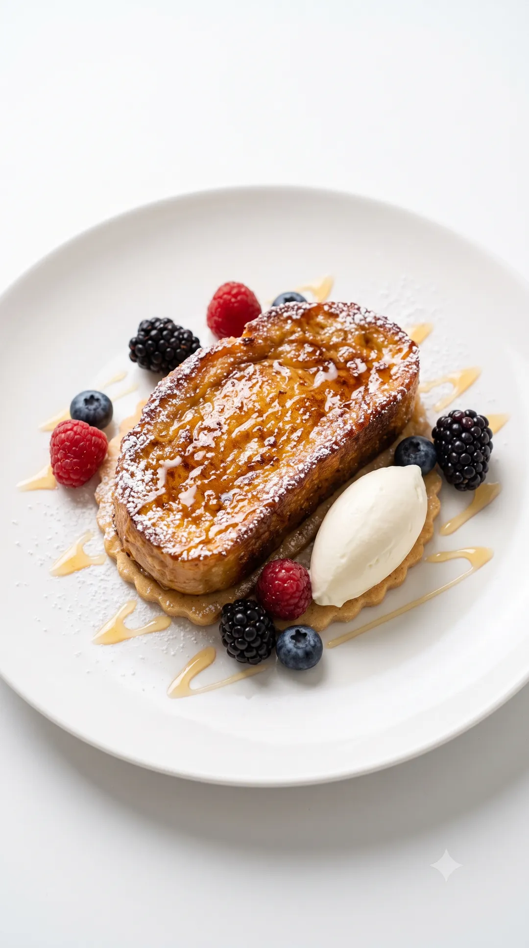 Golden sweet French toast on a sablé base with mascarpone, fresh berries and a honey drizzle