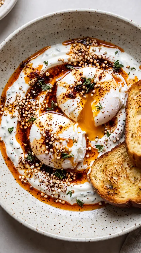 Çılbır — poached eggs over za'atar garlic yogurt with sumac chili burnt butter and toasted brioche
