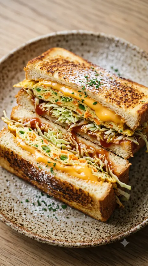 Korean street toast — griddled milk bread with a folded omelette, melted cheese and cabbage, cut in half