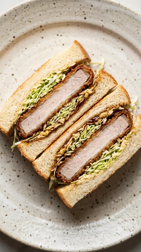 Japanese-style sando cut clean in half, fluffy shokupan milk bread with a layered filling