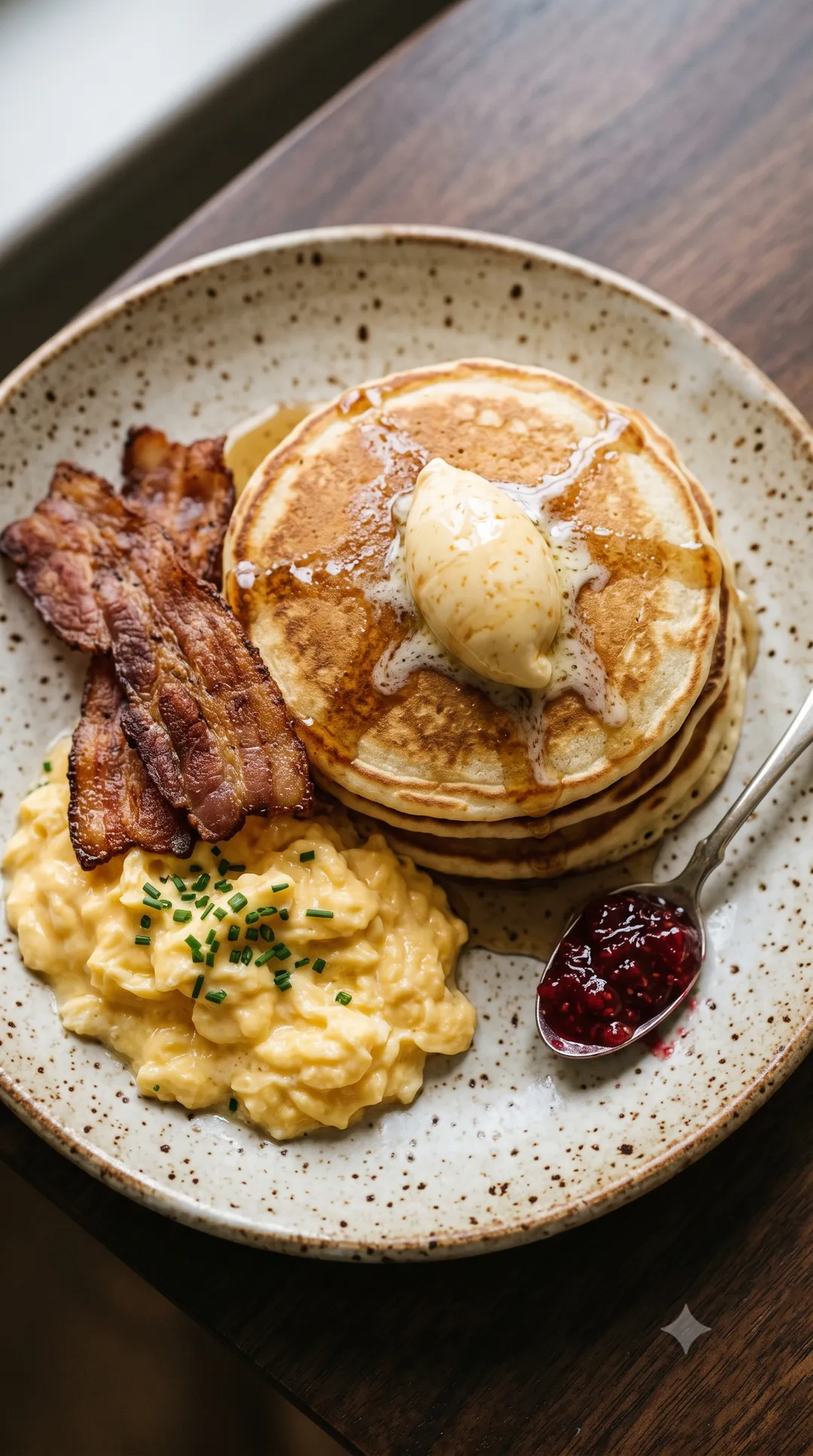 Diner stack of fluffy pancakes with crispy bacon, soft scrambled eggs, a butter quenelle and maple