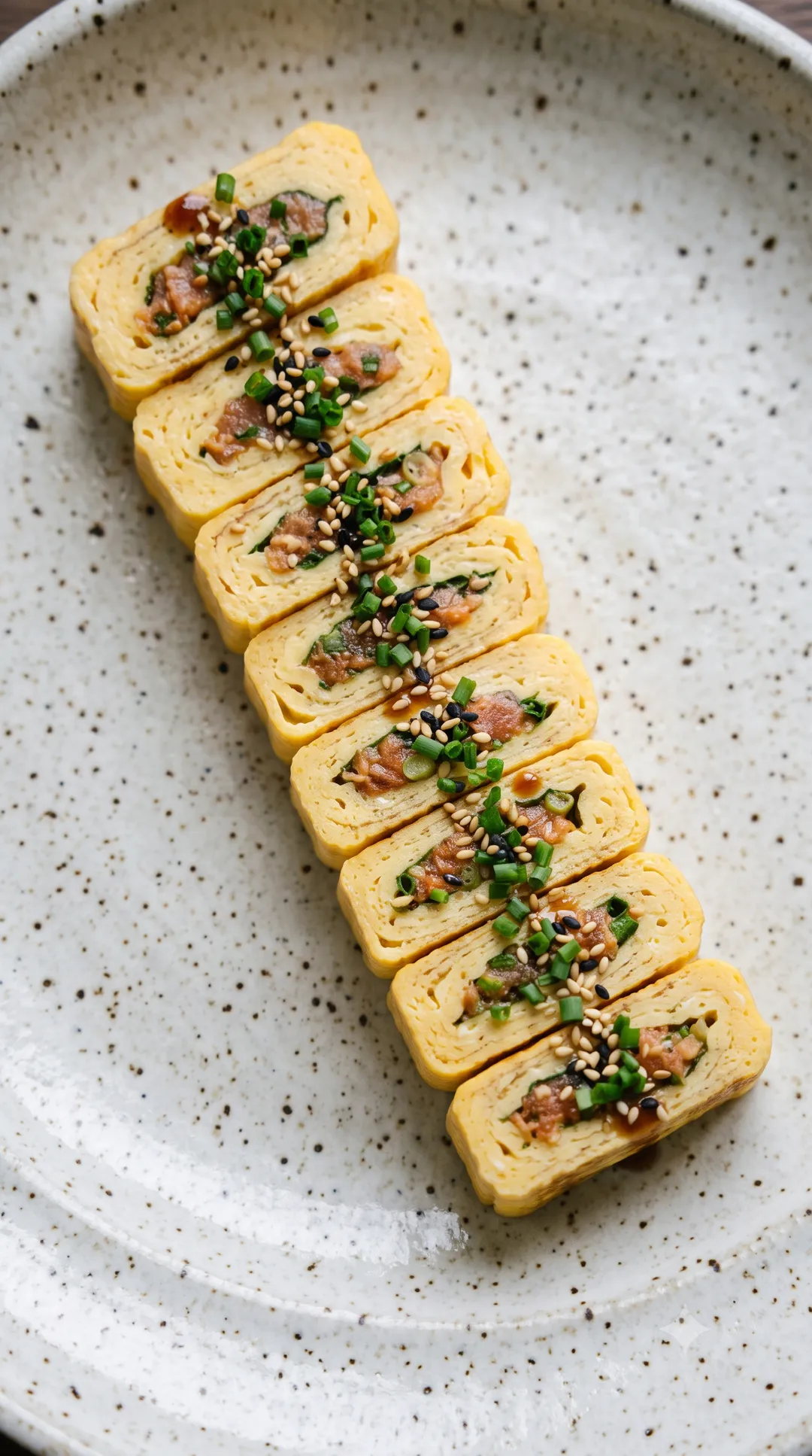 Filled egg sushi — rectangular pieces of rolled tamago omelette with a savoury filling and sesame