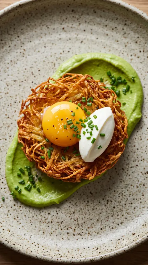 Crispy shredded bird's-nest hash brown topped with a soft egg yolk, sour cream and chives on avocado purée