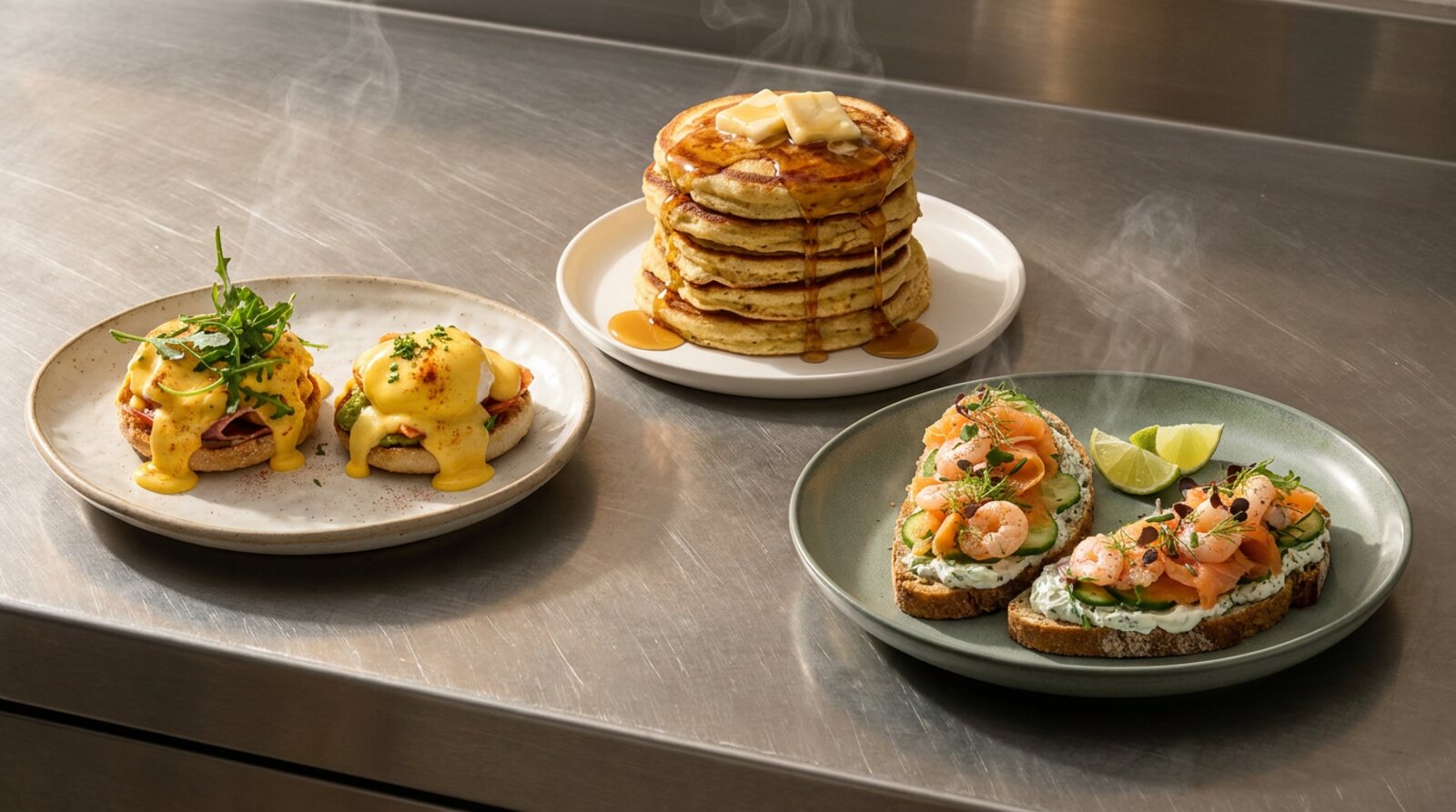 Breakfast at FRED: eggs benedict, a stack of pancakes with syrup, and salmon toasts steaming on the steel counter