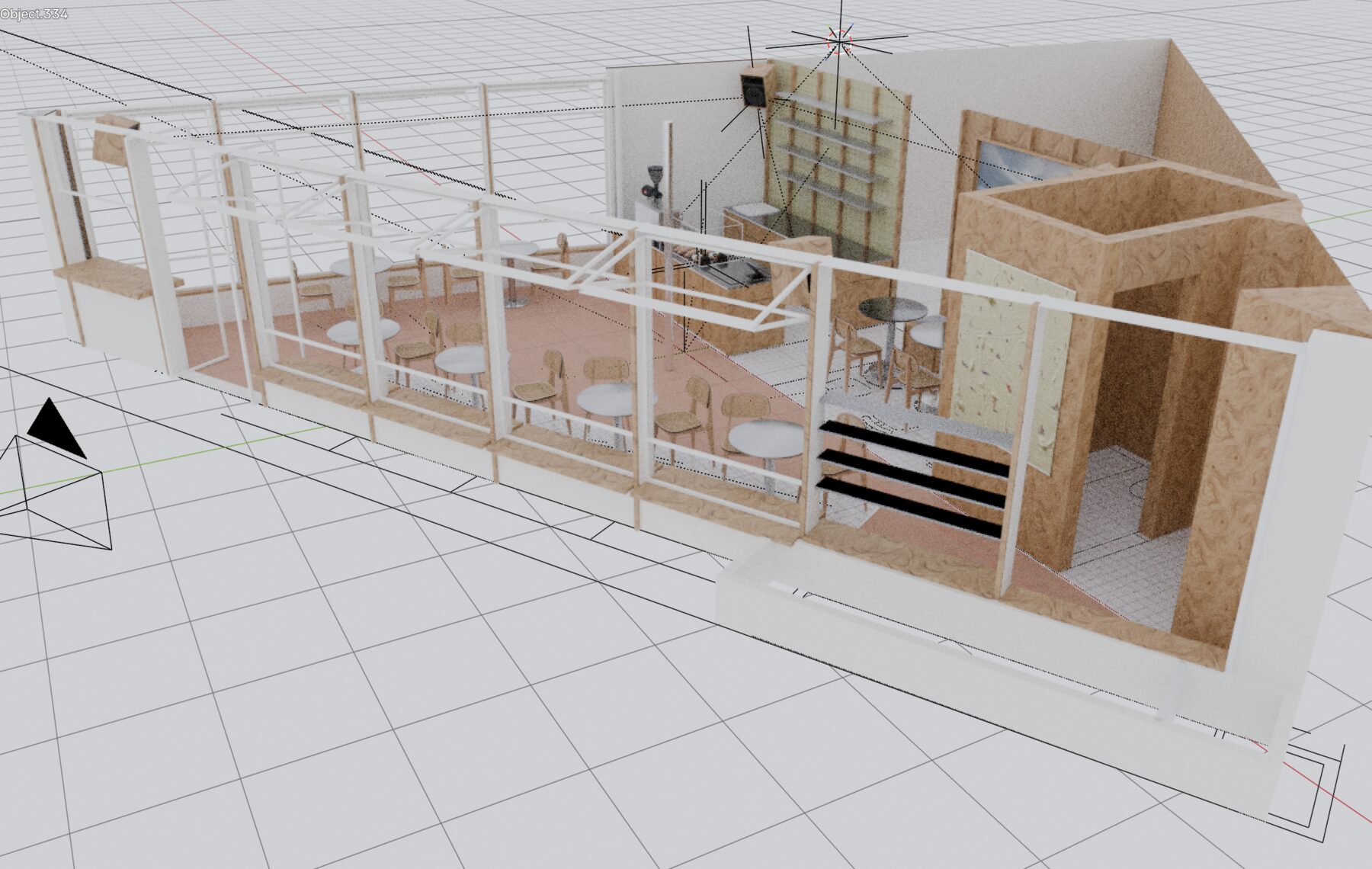 Blender working file, cutaway section along the full length of the shop: white steel glazing frames, terracotta floor, café tables, bar and shelving at the back, black stair