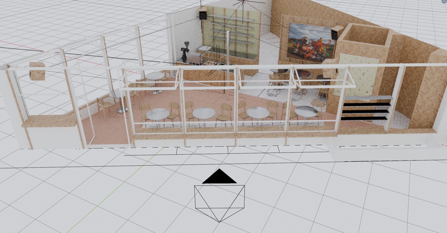 Blender working file, street elevation view of the glass facade with the dining room behind it; a camera object placed on the pavement in the foreground