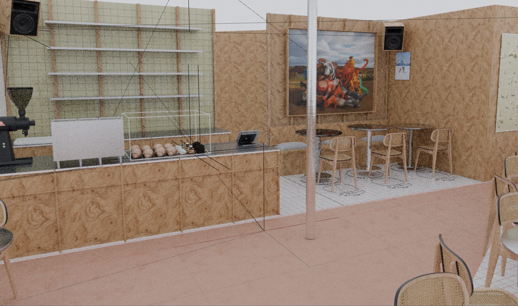 Blender working file, eye-level view of the bar: engineered-wood counter with dark stone top, glass pastry case with croissants, grinders, sage-green tiled back wall with steel shelves, large painting beside it